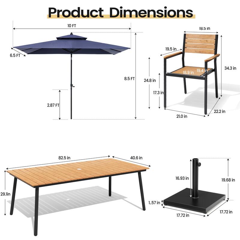 11PC Outdoor Patio Dining Set Aluminum Table with Stackable Armchairs w/ Market Umbrella Set