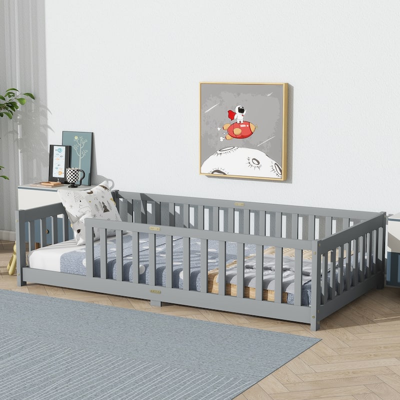 Twin Size Grey Rubber Wood Floor Bed with Safety Fence for Kids, No Door Design