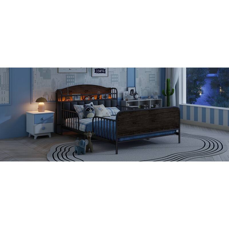 Roomfitters Twin/Full Metal Platform Bed, LED Storage Headboard and Guardrails with Metal Frame for Bedroom or Guest Room