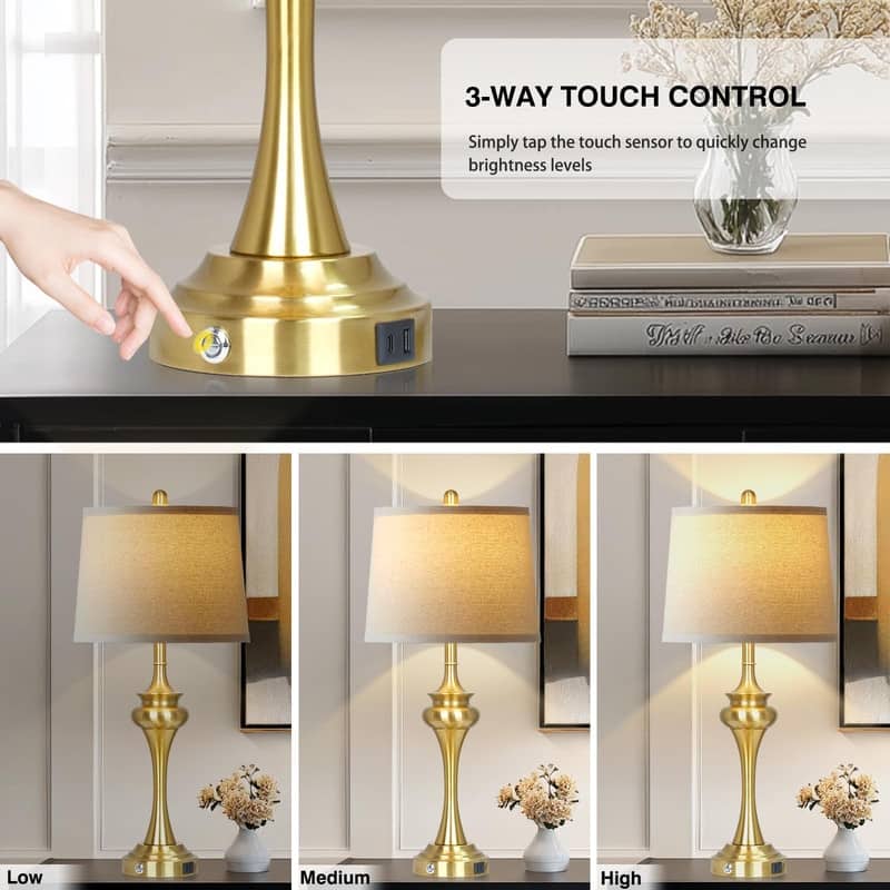 30'' Modern Table Lamps with USB & Type-C Ports, Oatmeal Fabric Shade & Metal Base (Set of 2)