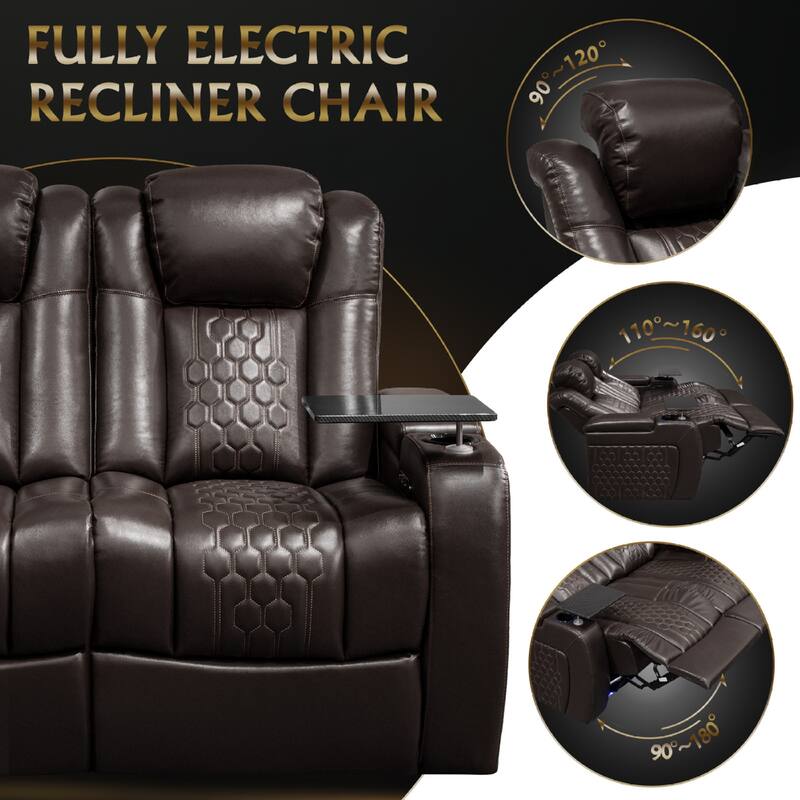 Roomfitters 62" Power Recliner 2-Piece Set, Top-Grain Nappa Leather, 30-Color RGB LED & USB-C Charging, Coffee