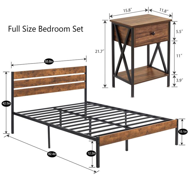 3-Pieces Bed Frame with Wood Headboard and Modern Nightstands Set of 2