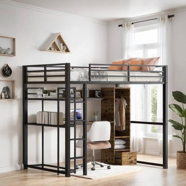 slide 2 of 12, Full Size Metal Loft Bed with Built-in Wardrobe, Desk & Shelves, Black