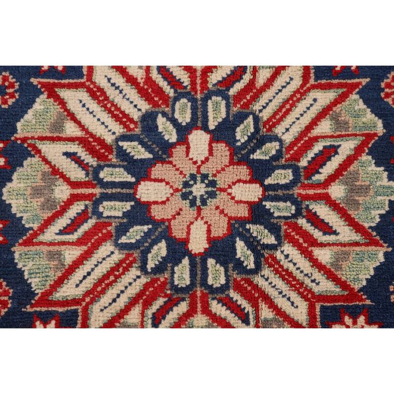 Geometric Kazak Area Rug Hand-Knotted Beige Oriental Wool Carpet - 6'9" x 9'9"