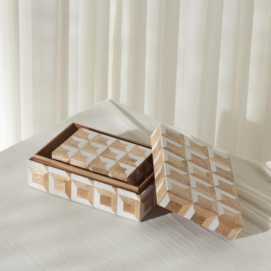 SAFAVIEH Home Aria Antique Ivory/Natural Brown Resin/Mango Wood Decorative Box Set of 2