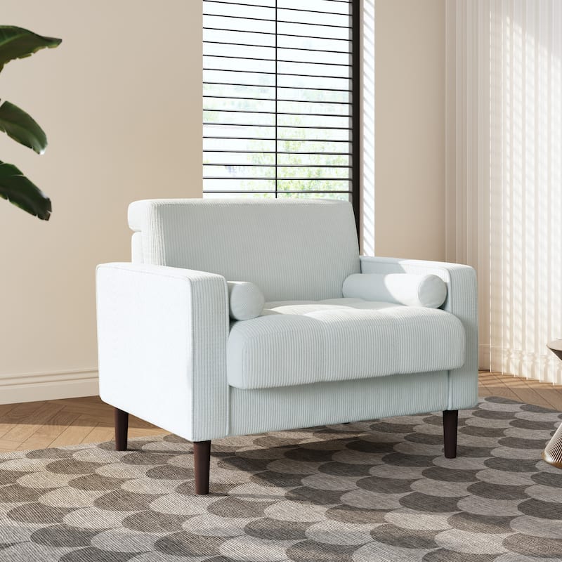 Modern Upholstered Corduroy Wide Armchair with Bolster Pillows - Beige