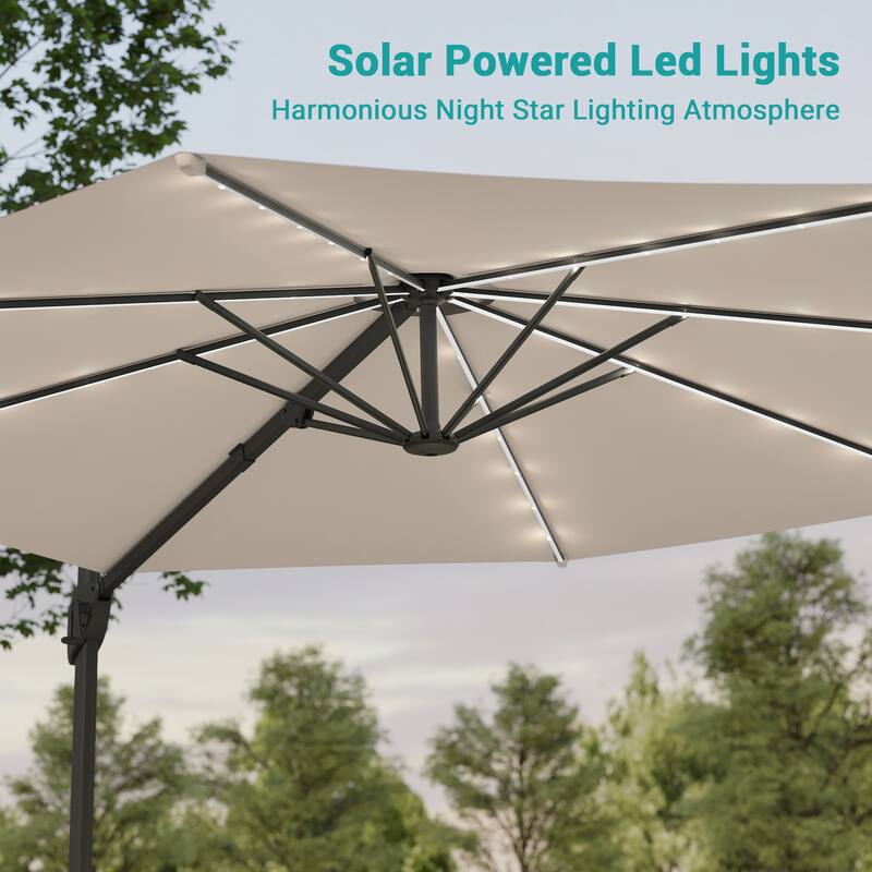BONOSUKI Solar-powered 10FT Cantilever Patio Umbrella, Ultimate Outdoor Comfort with 360° Rotation and Canopy Angle Adjustment