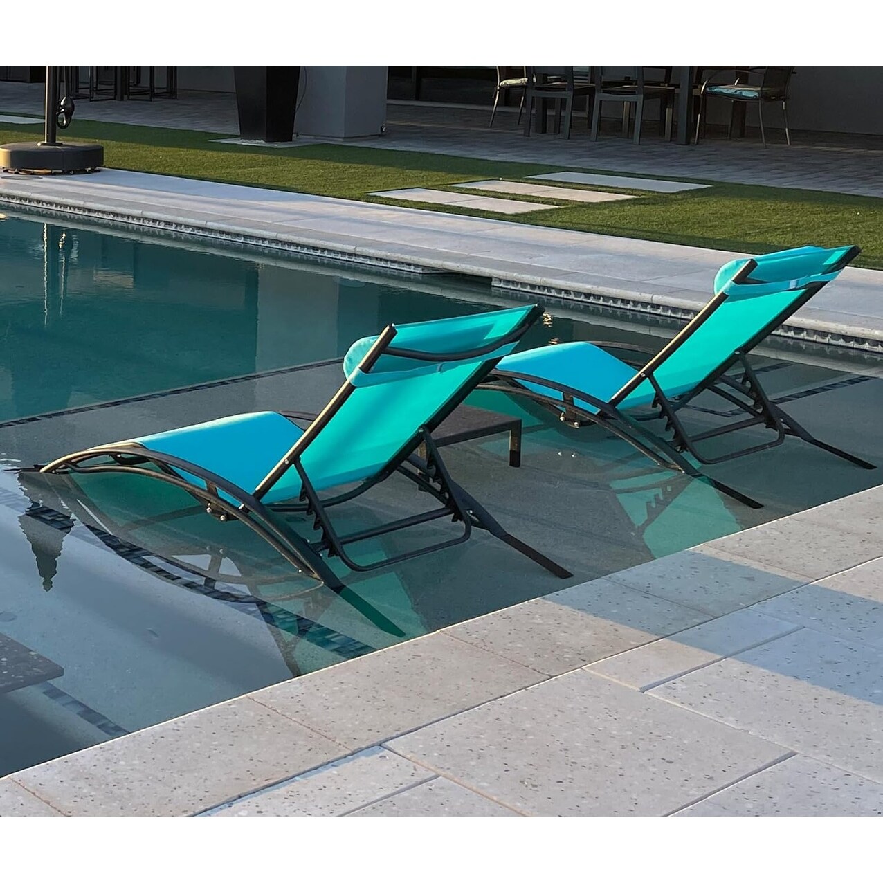 PURPLE LEAF Patio Chaise Lounge Set Outdoor Beach Pool Sunbathing Lawn Lounger Recliner Chair Side Table Included Turquoise Blue