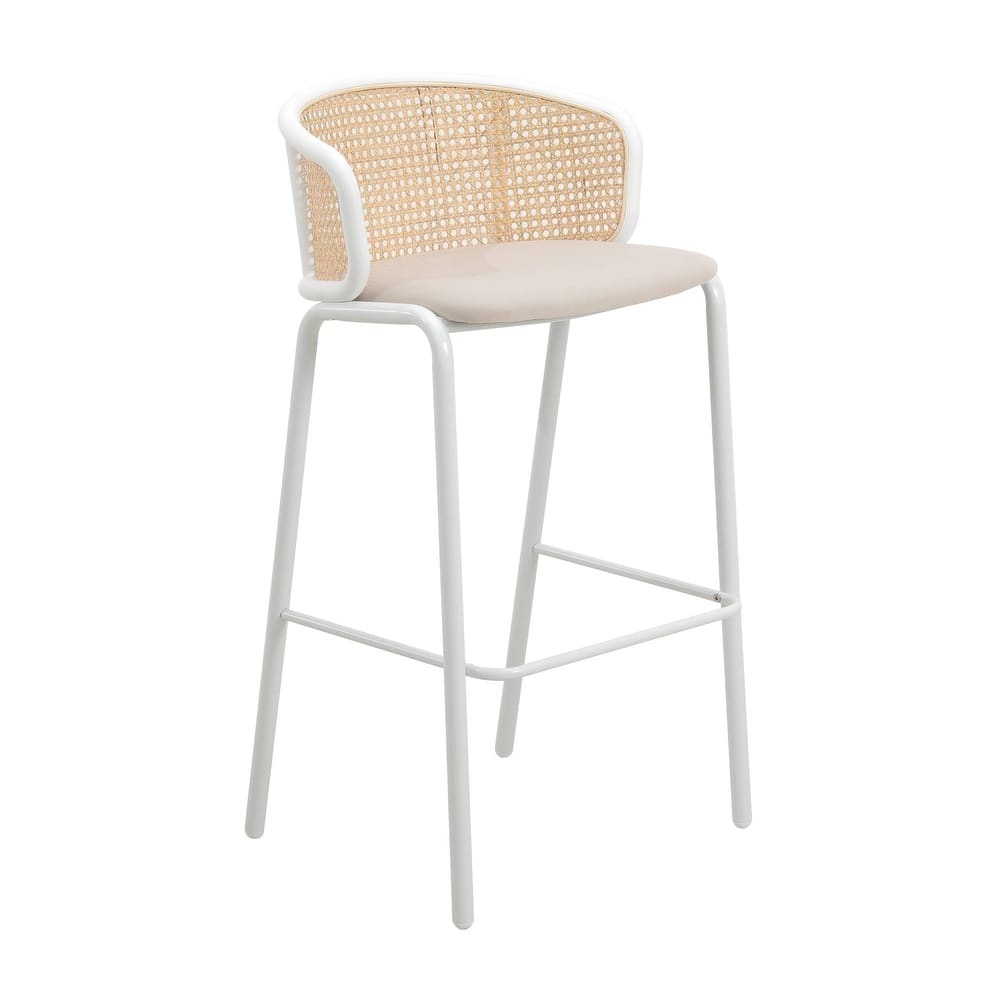 Ervilla Mid-Century Modern Low-Back Wicker Bar Stool with Soft Fabric Seat and White Powder-Coated Steel Frame, Counter Chair