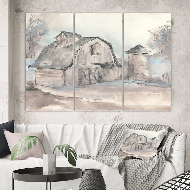 Designart "Farmhouse Barn Grey V" Modern Farmhouse Canvas Art - 60 in. wide x 40 in. high - 3 Panels