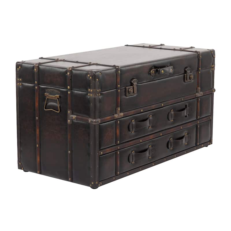 Linen Fabric Upholstered Trunk 2 Drawer Coffee Table with Buckle Hinged Top - Dark Blue or Brown - Roche River Decor