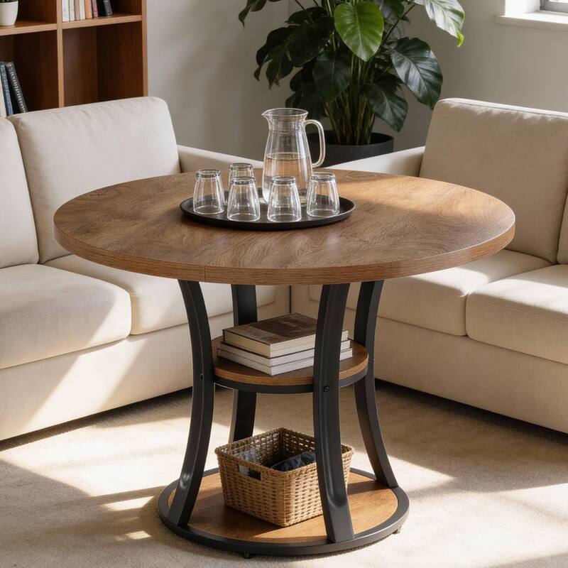 39.37 Inch Round Conference Table with 2-Tier Storage Shelf and Metal Base for 4 People - 39.37" D x 39.37" W x 29.53" H