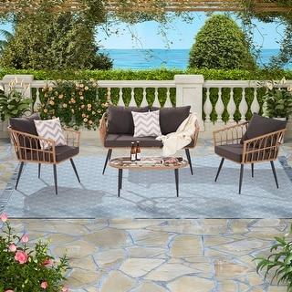 Outdoor Rattan 4-Pieces Furniture Sofa Set with Beige Cushions