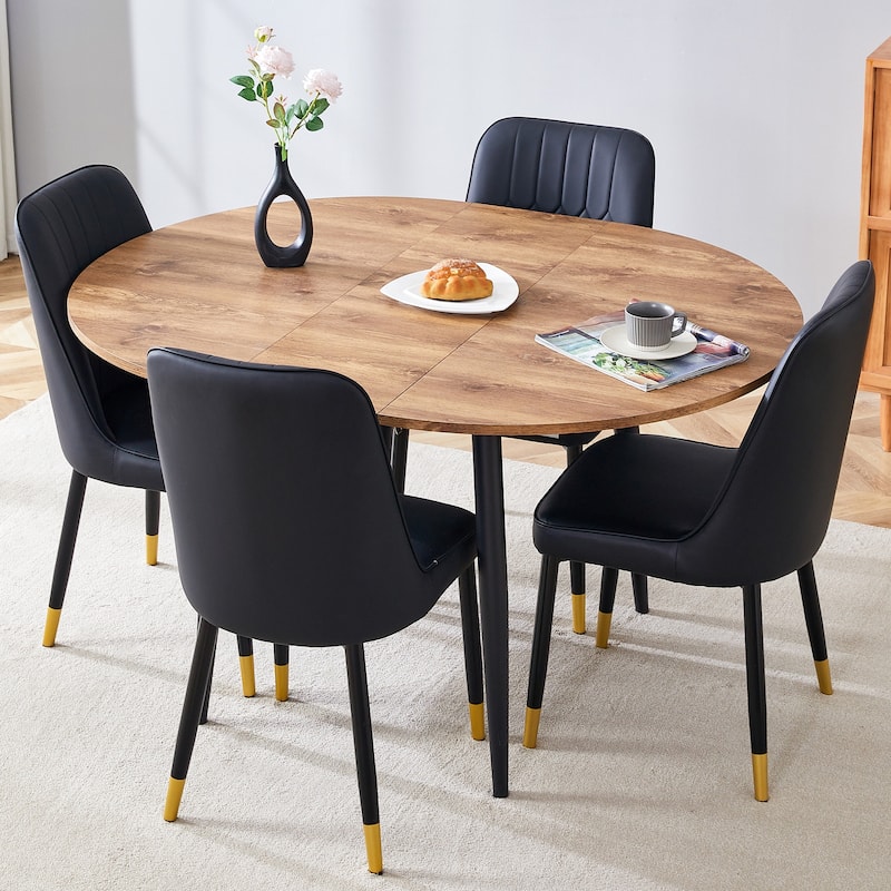 5-Piece Round Dining Set with Extendable Dining Table, Wood Kitchen Table Set with 4 PU Chairs for Dining Room
