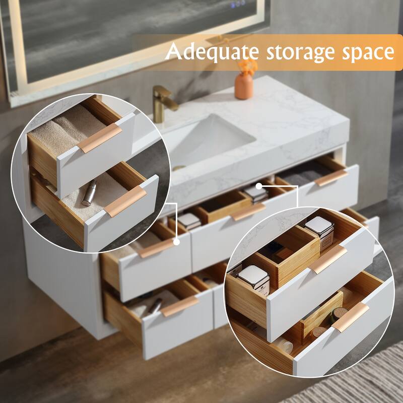 36/48/60 Modern Floating Bathroom Vanity with Sinle/Double Sink & Soft-Close Drawers & LED Lighting & Waterproof, White