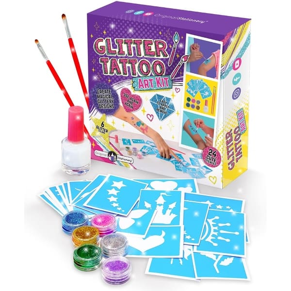 slide 2 of 9, Original Stationery 33-Piece Glitter Tattoo Set for Kids with 24 Stencil Designs, Holiday Gifts