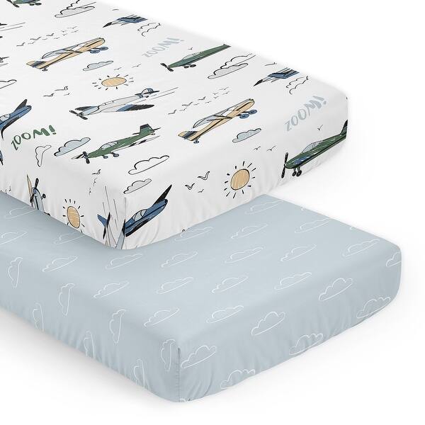 slide 2 of 6, Sweet Jojo Designs Vintage Airplane Boy 2 Pack Fitted Crib Sheets Blue Clouds Sky and Green Blue Yellow Airplanes Transportation