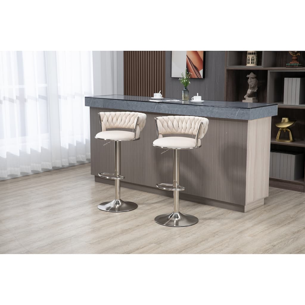 Velvet Swivel Adjustable Height Bar Stools With Sliver Footrest(set of 2)