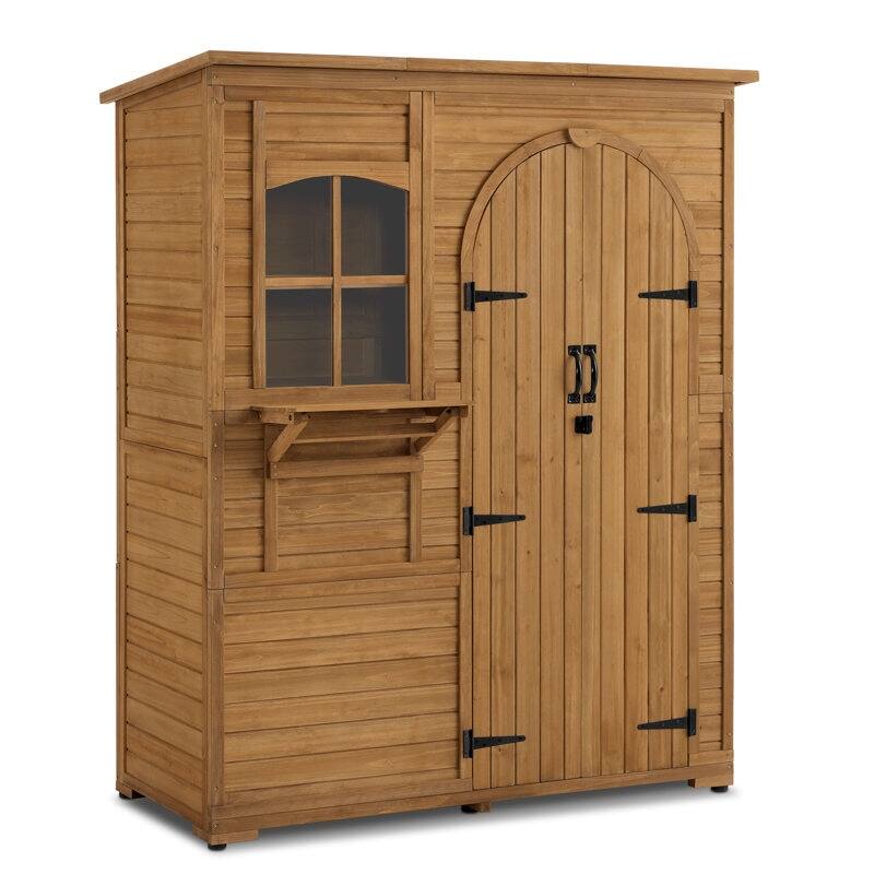 MCombo Outdoor Storage Shed with 3 Shelves, Outside Wood Storage Cabinet with 1 Foldable Table for Yard, Garden, Patio1815