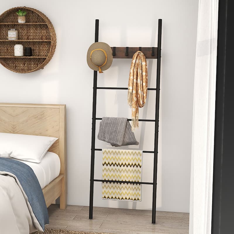 Gymax 5-Tier Ladder Shelf Wall Leaning Blanket Ladder w/5 Removable