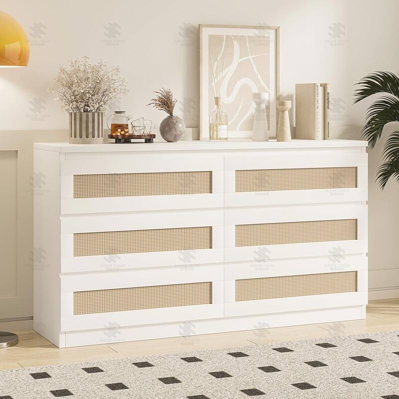 Modern Rattan 6-Drawer Dresser for Bedroom - Slim Wooden Chest of Drawers, Durable Freestanding Storage Organizer - White