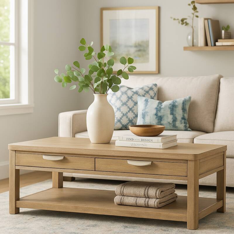 Renie Cocktail Coffee Table, 2 Drawer and Shelf, 56 Inch Brown Wood