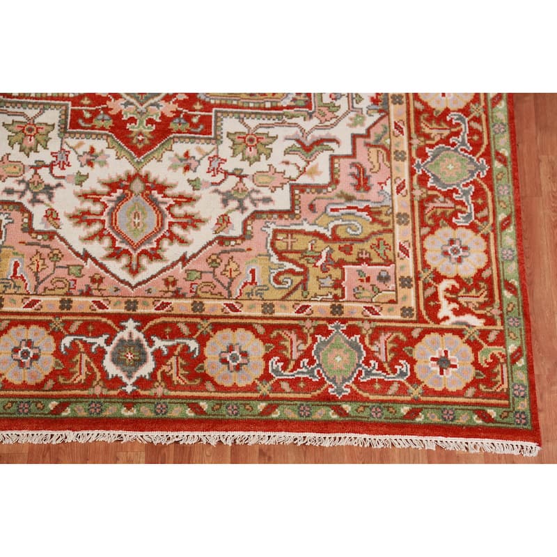 Hand Knotted Oriental 100% Wool Carpet Traditional Medallion Beige & Ivories Heriz (serapi) Area Rug - 9' 11'' X 8' 0''