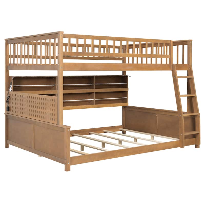 Full XL over Queen Bunk Bed with Integrated Shelving, Color-Changing Lights and Pegboard