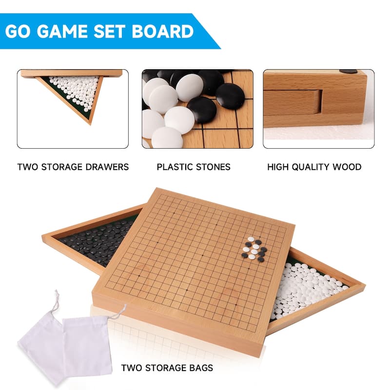 12-Inches Wooden Go Board Game Set with Drawers, Wood Go Game Board Set with Plastic Stones