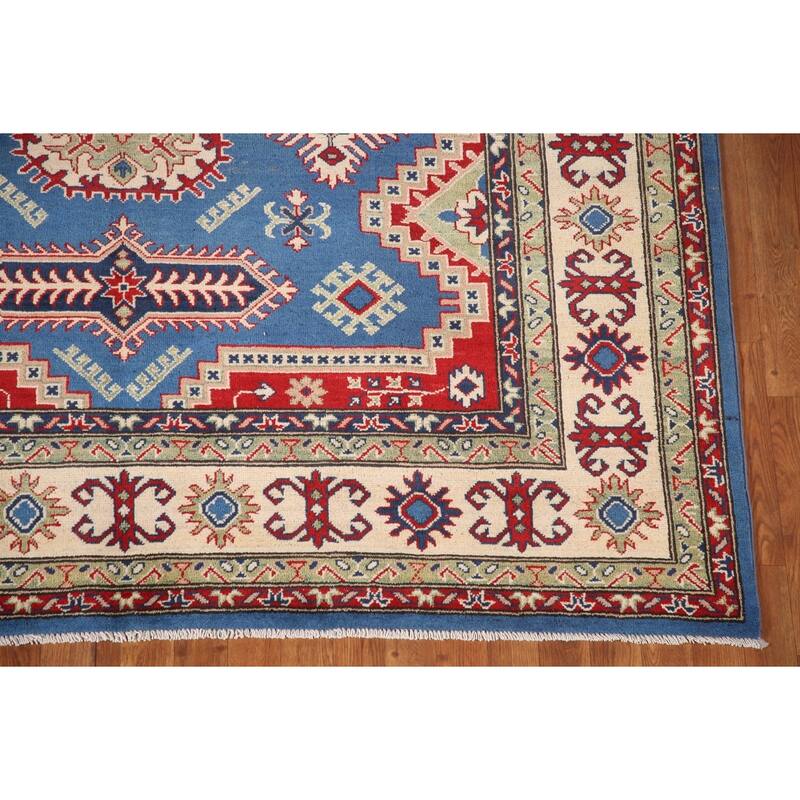Blue Geometric Kazak Area Rug Handmade Oriental Wool Carpet - 6'8" x 9'9"
