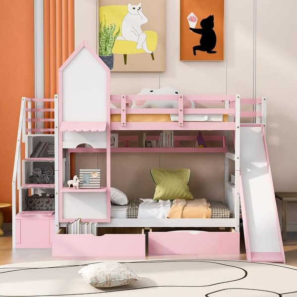 slide 2 of 12, Twin Castle Style Bunk Bed with 2 Drawers, 3 Shelves and Slide, Pink Pink - Twin
