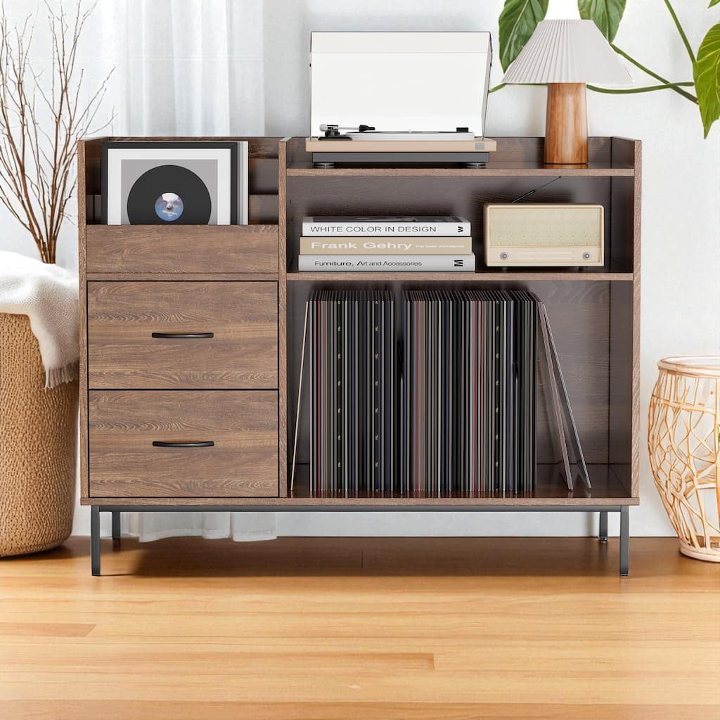 Record Player Stand with Adjustable Shelves, Holds 350 Vinyl Albums, Turntable Console with Speaker Shelf and Drawers