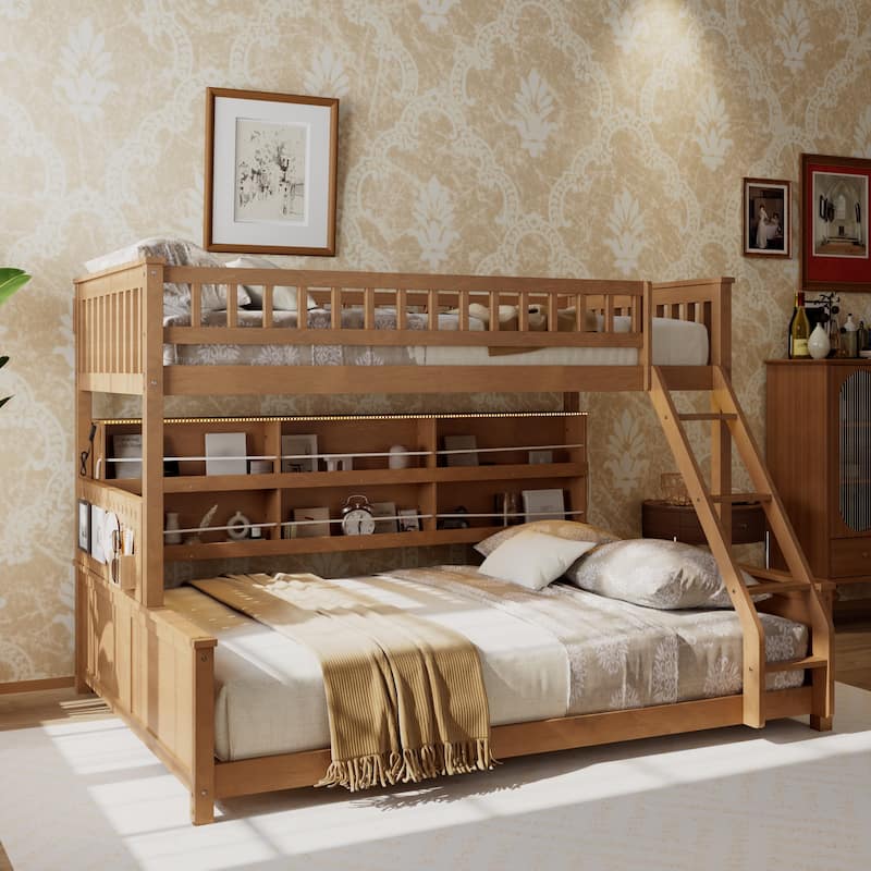 Kids Bunk Bed Frame with Integrated Shelving, Light Strip and Pegboard, Convertible into Floor Platform Bed and Low Loft Bed