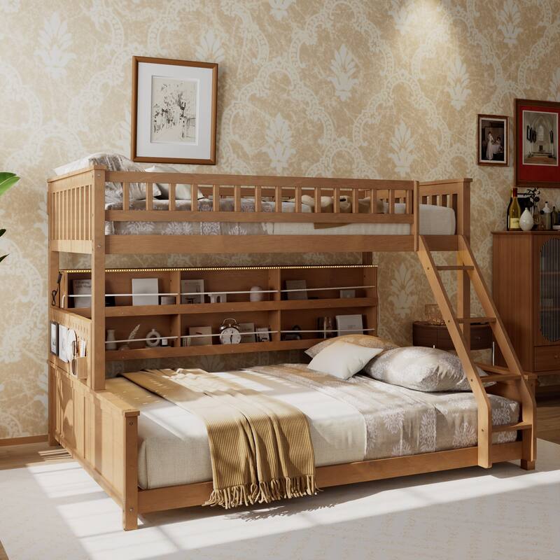 Roomfitters Twin XL over Queen Bunk Bed with Storage Shelf, Pegboard and LED Lights