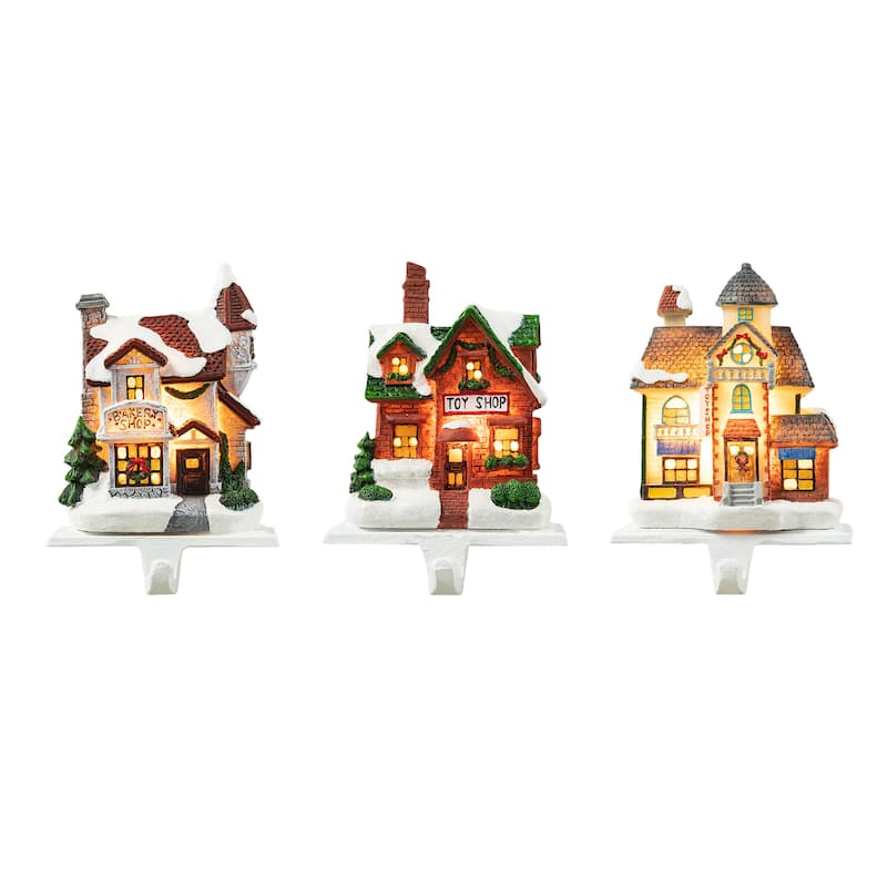 Glitzhome 6"H Christmas Lighted Resin House Stocking Holders Mantel Ornament (Set of 3)
