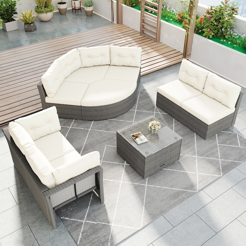 Rattan Sectional Outdoor Furniture Set with Cushions Modular Daybed Iron Frame for Patio Garden Use