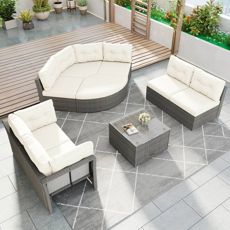 Roomfitters Outdoor Rattan Sectional Daybed Furniture Set with Cushions & Center Table for Patio