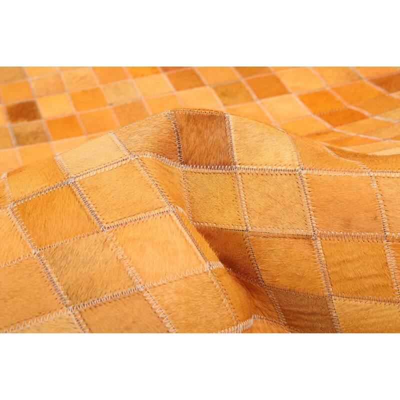 ECARPETGALLERY Handmade Cowhide Patchwork Orange Leather Rug - 5'1 x 5'1