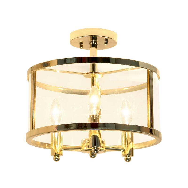 HomeStock 13" Semi-Flushmount Light - Gold 3-Light Fixture - Iron & Glass Shade - Traditional Industrial Design - 12.5