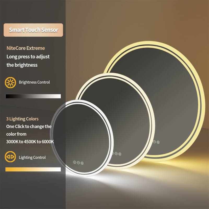 23.6''x23.6'' Round Intelligent Bathroom Wall Mirror w/Demister Led Light