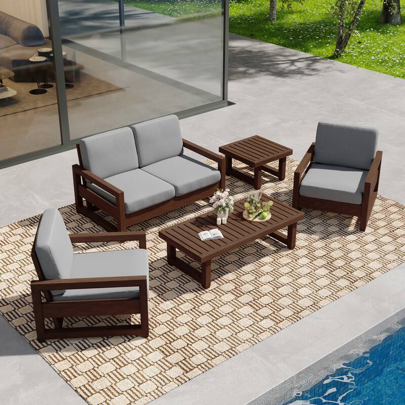 5-Piece Teak Wood Outdoor Patio Conversation Set with Cushion - Dark Wood - Light Grey