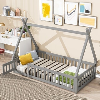 Grey Twin Size Pine Wood Tent-Shaped Floor Bed with Guardrails and Door