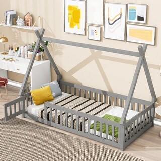 Twin Floor Bed with Guardrails Door and Slats Wooden Frame for Kids Room