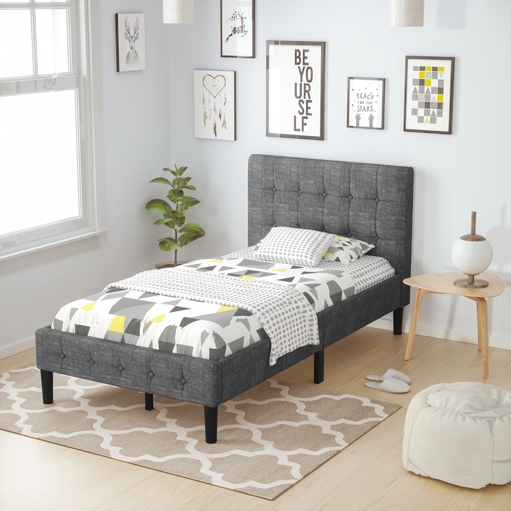 Twin Upholstered Bed Frame Button Tufted Headboard Mattress Foundation