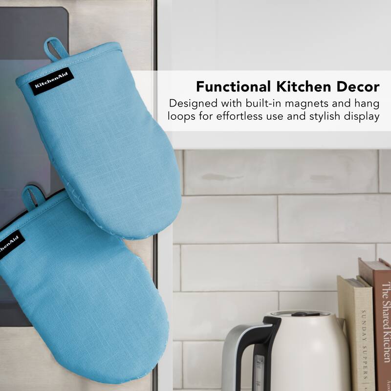 KITCHENAID Gourmet Series Gridlines Mini Oven Mitts 2-Pack Set, Heat Resistant up to 600°F, Soft Silicone Grip, Magnetic Cuff