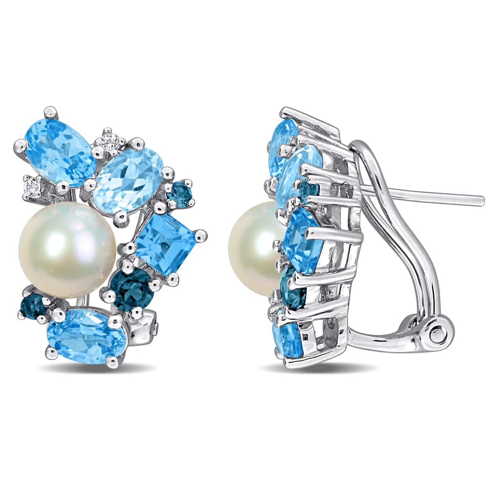 Miadora 7-7.5mm Cultured Freshwater Pearl 4 7/8ct TGW Blue Topaz Stud Earrings Sterling Silver