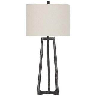 Hammered Tubular Metal Table Lamp with Fabric Drum Shade, Gray and ...