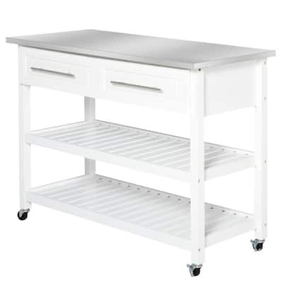 White Rolling Kitchen Island 2 Drawers Storage with Stainless Steel Top - 47.25"L x 19.75"W x 36 "H