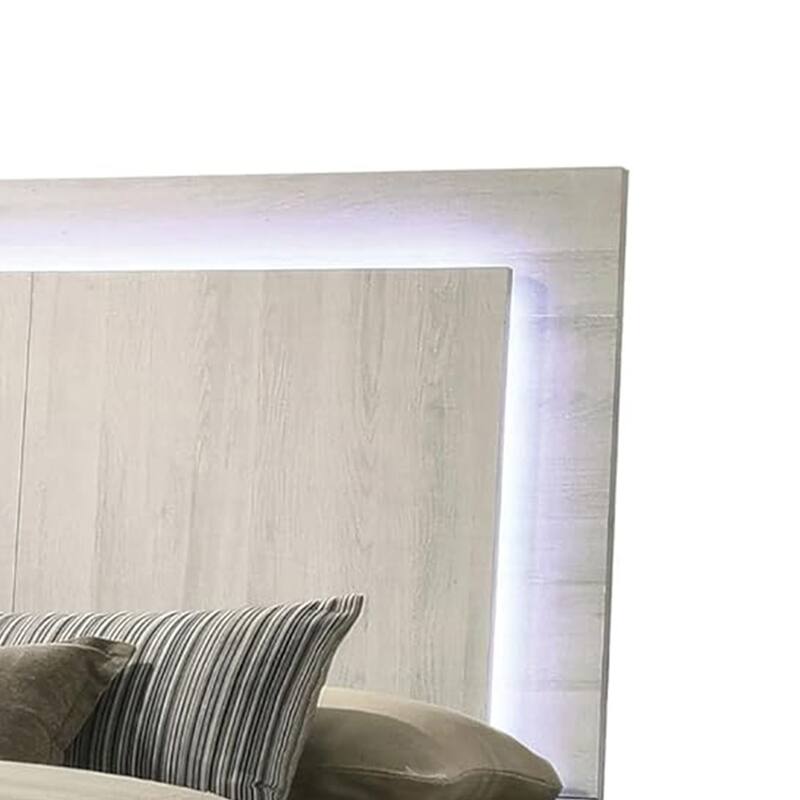 Hyao Queen Size Bed w LED on Headboard, Antique White Wash Finsih