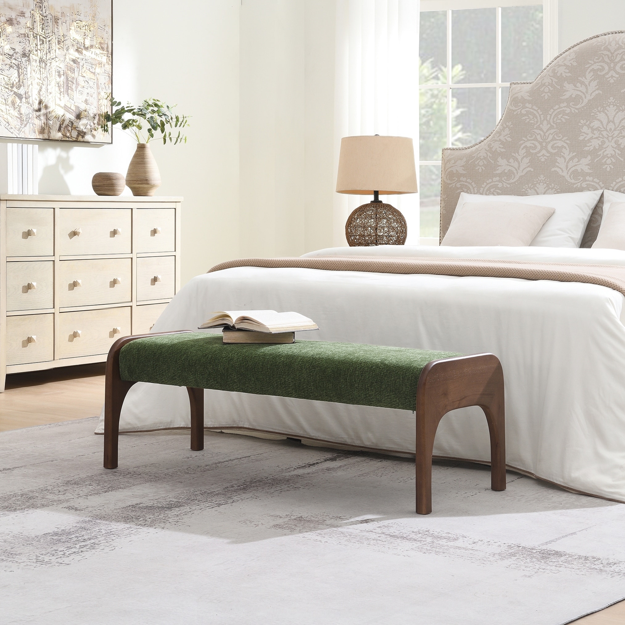 Upholstered Long Bench, Modern Dining Bench with Soft Fabric &Rubber Wood Legs for Kitchen Table, Bedroom, Entryway